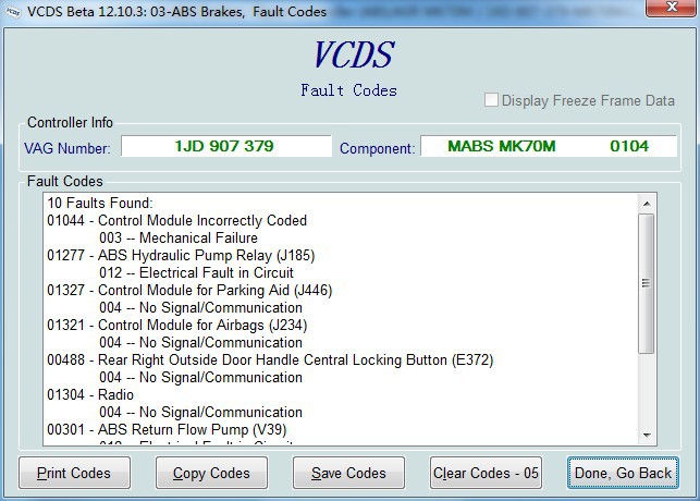 βήτα 12.10.3 της cVag κώδικες ελαττωμάτων φρένων ABS COM VCDS